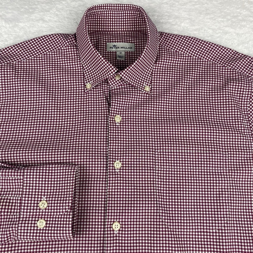 Peter‎ Millar Shirt Mens Medium Burgundy/White Checks Stretch Nylon/Spandex